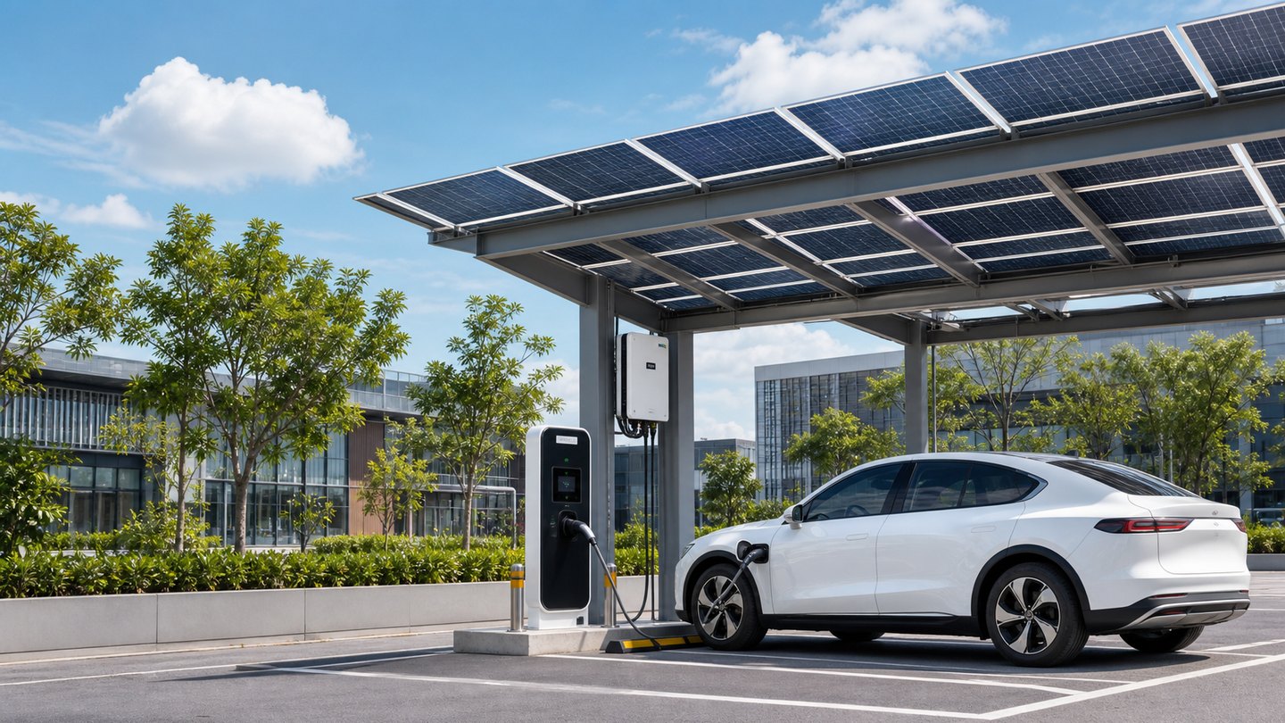Electric vehicle charging under a solar PV canopy